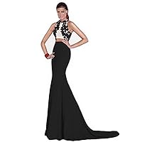 Women's Mermaid Train Two Piece Prom Dresses Lace Chiffon Evening Gowns