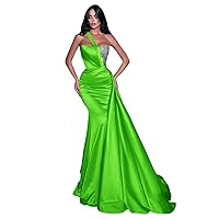 One Shoulder Sequin Mermaid Prom Dress Satin Ruched Ball Gowns Long Evening Formal Party Dress for Women