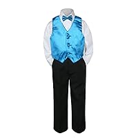 4pc Formal Baby Teen Boys Turquoise Blue Vest Bow Tie Black Pants S-14 (14)