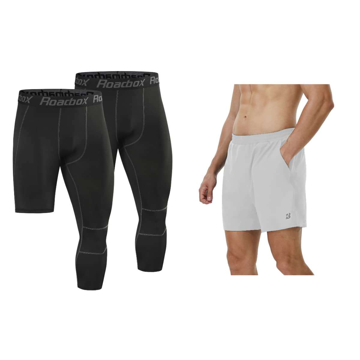 Roadbox (Size: S) Basketball Sports Pants Set: Men's 3/4 One Leg Compression Pants and 5 Inch Athletic Shorts