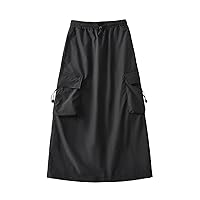 Womens Cargo Midi Skirt 2024 Solid Color Flap Pocket Long Skirts Y2K Drawstring Waist A-line Loose Fit Streetwear Skirts