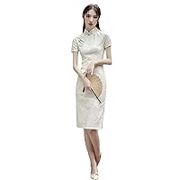 Chinese Style Retro Cheongsam Dress,Women's White Lace Jacquard Bodycon Dress Buckle,Casual Split Midi Style