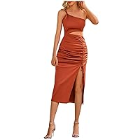 Cocktail Dress,Women's Solid Color Slanted Shoulder Exposed Waist Slit Pleated Dress Fitted Maxi Dress for WOM