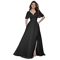 V-Neck Bridesmaid Dresses Long with Sleeves A-Line Chiffon Formal Evening Party Gown with Slit DR0049