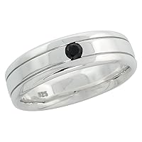 Sterling Silver Gent's Grooved Diamond Ring Band w/Single Stone (0.14 Carat) Brilliant Cut Black Diamond, 1/4 inch (6 mm) Wide