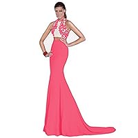 Women's Mermaid Train Two Piece Prom Dresses Lace Chiffon Evening Gowns
