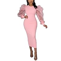 Women's See Through Bodycon Dress Long Puff Lantern Sleeve Sheer Mesh Dress Sexy Club Party Midi Dress Clubwear Pink Small