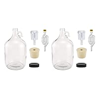 North Mountain Supply 1 Gallon Glass Fermenting Jug with Handle, 6.5 Rubber Stopper, 6-Bubble Airlock, 2-Piece Airlock & Black Plastic Lid - Set of 2