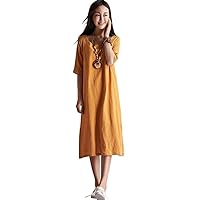Women Linen O-Neck Half Sleeve Dress Loose Robe Summer Midi Long Dress