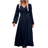 Women's Premium Lantern Long Sleeve Midi Dresss Button Down High Waist Swing A-Line Dress Casual Loose Shirt Dresses