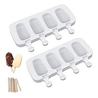 Ouddy Life Popsicle Molds Set of 2, Ice Pop Molds Silicone 4 Cavities Ice Cream Oval Cake Pop Mold with 50 Wooden Sticks for DIY Popsicle, Clear
