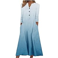 Women's 2024 Casual Dresses Long Sleeve Smocked Crew Neck Midi Dress Floral Printed Flowy Tunics Dress with Pocket