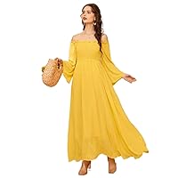 Women's Dress Wedding Guest Dresses for Women Prom Dresses for Women Off Shoulder Shirred Bell Sleeve Dress (Color : Yellow, Size : X-Small)