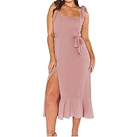 Women Ruffle Hem Split Side Lace-Up Belted Cami Dress Summer High Waist Square Neck Sleeveless Elegant Plain Dresses