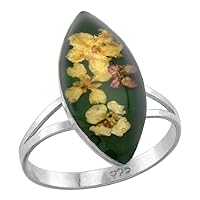 Sterling Silver Assorted Colors Resin Real Forget-Me-Not Flower Ring for Women Marquise Shape sizes 6-7.5