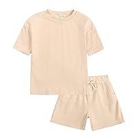 7 Piece Set Toddler Kids Baby Boys Girls 2 Piece Tracksuit Summer Outfits Solid Short Sleeve T (Beige #2, 2-3 Years)