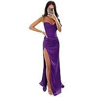Wchecalino Satin Prom Dresses for Women Long 2024 Spaghetti Straps Mermaid Formal Evening Party Gown with Slit