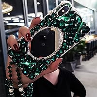 Sparkly Girly Phone Case for T-Mobile REVVL V Plus 5G /Revvl V+ 5G with Glass Screen Protector [2 Pack],Diamonds Handmade Women Shockproof Protective Cover & Crystals Lanyard (Green Mirror)