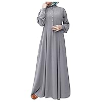 Women's Retro Kaftan Abaya Dress Muslim Long Sleeve Crew Neck Split Maxi Dress Islamic Arab Jilbab with Pockets