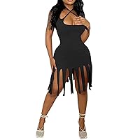 Womens Sexy Sleeveless O Neck Crisscross Bodycon Cut Off Tassels Party Clubwear Dress