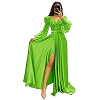Tsbridal Long Sleeve Sequin Prom Dresses with Slit Satin Formal Evening Party Gowns for Women