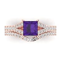 Clara Pucci 2.01ct Princess cut Custom Engraving Natural Purple Amethyst Engagement Ring Band Wedding Bridal Set Curved 14k Rose Gold 10