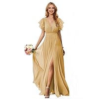 V Neck Bridesmaid Dresses with Ruffle Sleeve for Wedding Long Slit Chiffon Formal Evening Gown for Women