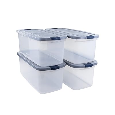 Rubbermaid Roughneck Clear 95 Qt/23.75 Gal Storage Containers, Pack of 4  with Latching Grey Lids, Visible Base, Sturdy and Stackable, Great for