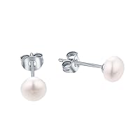 925 Sterling Silver AAA+ Quality Button White Freshwater Cultured Pearl Studs Earrings for Women Girls,7mm