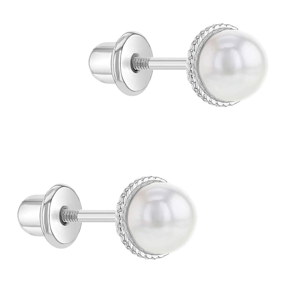 Rhodium Plated White Simulated Pearl Rope Bezel Set Screw Back Baby Earrings 4mm - Adorable and Classic White Simulated Pearl Earrings Fits for Infants, Toddlers, and Little Girls