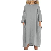 Women's Cross Criss Patchwork Baggy Tunic Dress Cotton Linen 3/4 Sleeve Crewneck Casual Solid Shirt Dress Pockets