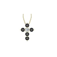 14k Yellow Gold timeless cross pendant set with 5 charismatic black diamonds (.47ct, I1 Clarity) encompassing 1 round white diamond, (.1ct, H-I Color, I1 Clarity), hanging on a 18