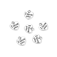 100pcs I Love You Charm 11.6mm (0.46 Inch) Double Sided Heart Shaped Pendant Drop Bead Antique Silver Tone Pewter for Jewelry Craft Making MC-D14