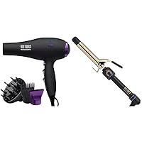 HOT TOOLS Pro Artist Tourmaline 2000 Turbo Hair Dryer | Lightweight with Quiet Blowout Results & Pro Artist 24K Gold Curling Iron | Long Lasting, Defined Curls (1 in)