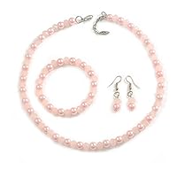 Avalaya Pastel Pink Colours Glass Bead and Faux Pearl Necklace/Flex Bracelet/Drop Earrings Set /43cmL/4cm Ext/8mm Single Bead