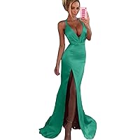 Women's Satin Deep V Neck Mermaid Prom Dress Long Slit Celebration Evening Gowns