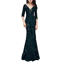 Women's V-Neck Sequins Mermaid Evening Dress with Sleeves