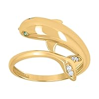 10k Yellow Gold Womens Green White CZ Cubic Zirconia Simulated Diamond Dolphin Fashion Ring Measures 15mm Long Jewelry Gifts for Women