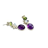 Amethyst With Peridot and moonstone Earrings in 925 Sterling Silver Stud Dangle Pushback Earrings For Women and girls - Dainty multi stone earrings for gifts