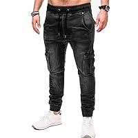 Andongnywell Casual Loose Hip Hop Denim Work Pants Men's Tactical Pants Cargo Denim Jeans with Cargo Pockets