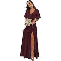 Formal Party Dress Pleated V Neck Satin Bridesmaid Dresses with Sleeves Side Slit