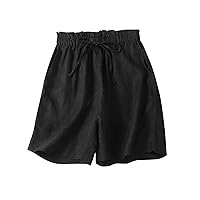Womens 2024 Casual Cotton Linen Shorts High Waisted Drawstring Cute Comfy Smocked Elastic Summer Shorts with Pockets