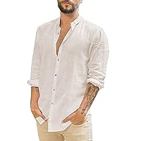 Mens Casual Button Down Shirts Ligntweight Long Sleeve Beach Henley Shirt Plain Band Collar Guayabera Cuban T-Shirts Top