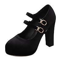 Women's Chunky Block heels Pumps,elegant closed Toe Pumps Ankle Strap comfort black high Heels 3.7 inch Heel pumps