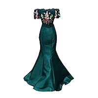 Off The Shoulder Lace Mermaid Satin Prom Evening Dresses Formal Gowns with Sleeves Flowers