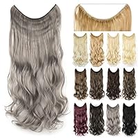 22'' 26'' Long Body Wavy Hair Extensions Fish Line Hairpiece Synthetic Invisible Secret Wire Headwear Flip Curly Hair Extension Pieces (26 Inch, Grey)