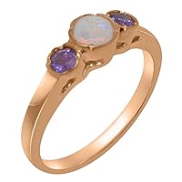 Solid 10k Rose Gold Natural Opal & Amethyst Womens Trilogy Ring - Sizes 4 to 12 Available