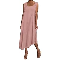 Women Casual Cotton Linen Tank Dress Summer Square Neck Sleeveless Side Button Irregular Hem Flowy Beach Maxi Sundresses