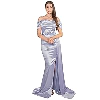 Women's Off Shoulder Mermaid Prom Dresses Long with Slit Pleates Wrap Satin Formal Evening Gowns with Train