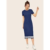 Dresses for Women Contrast Striped -Shirt Midi Dress (Color : Navy Blue, Size : Small)